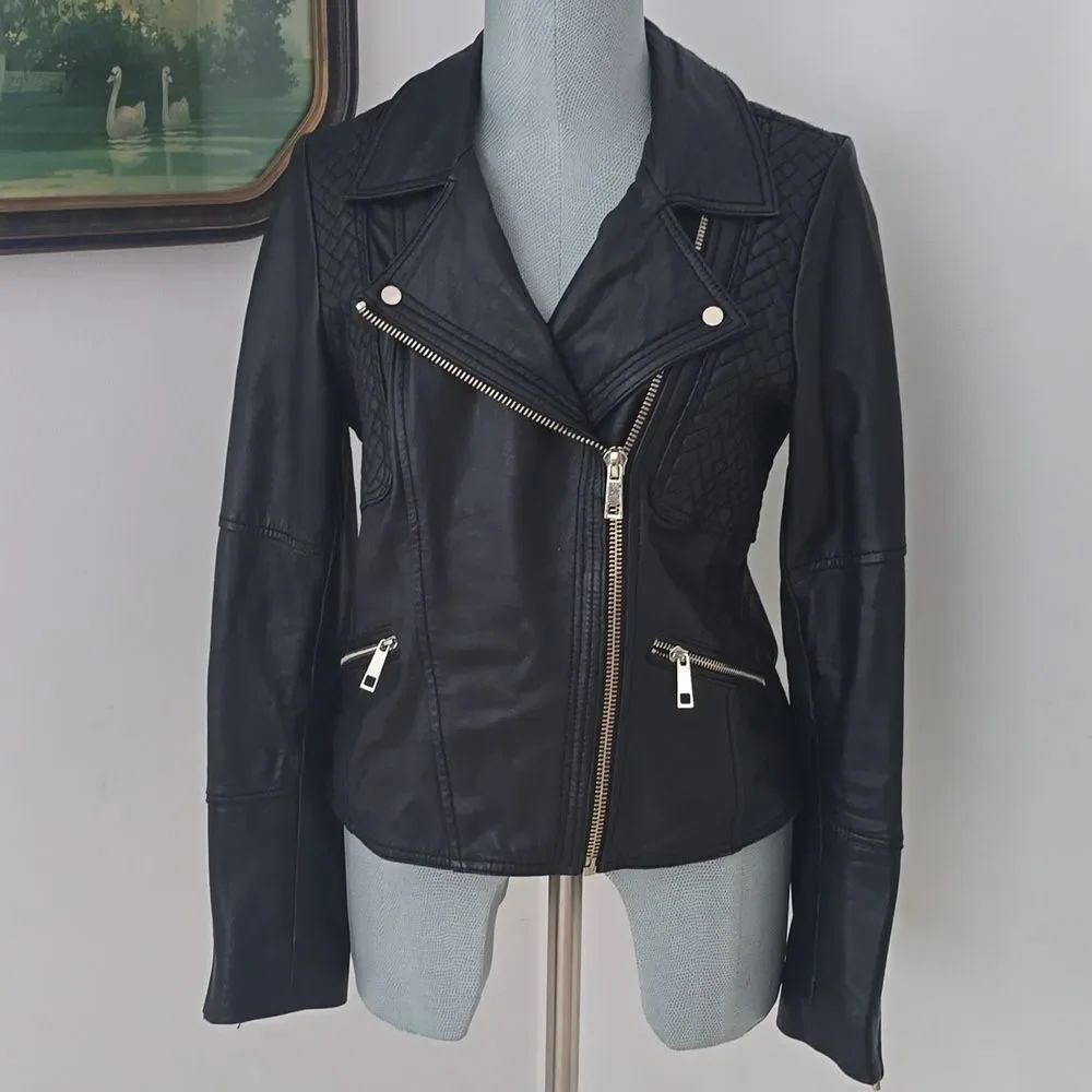 River Island | Black Quilted Leather Biker Jacket